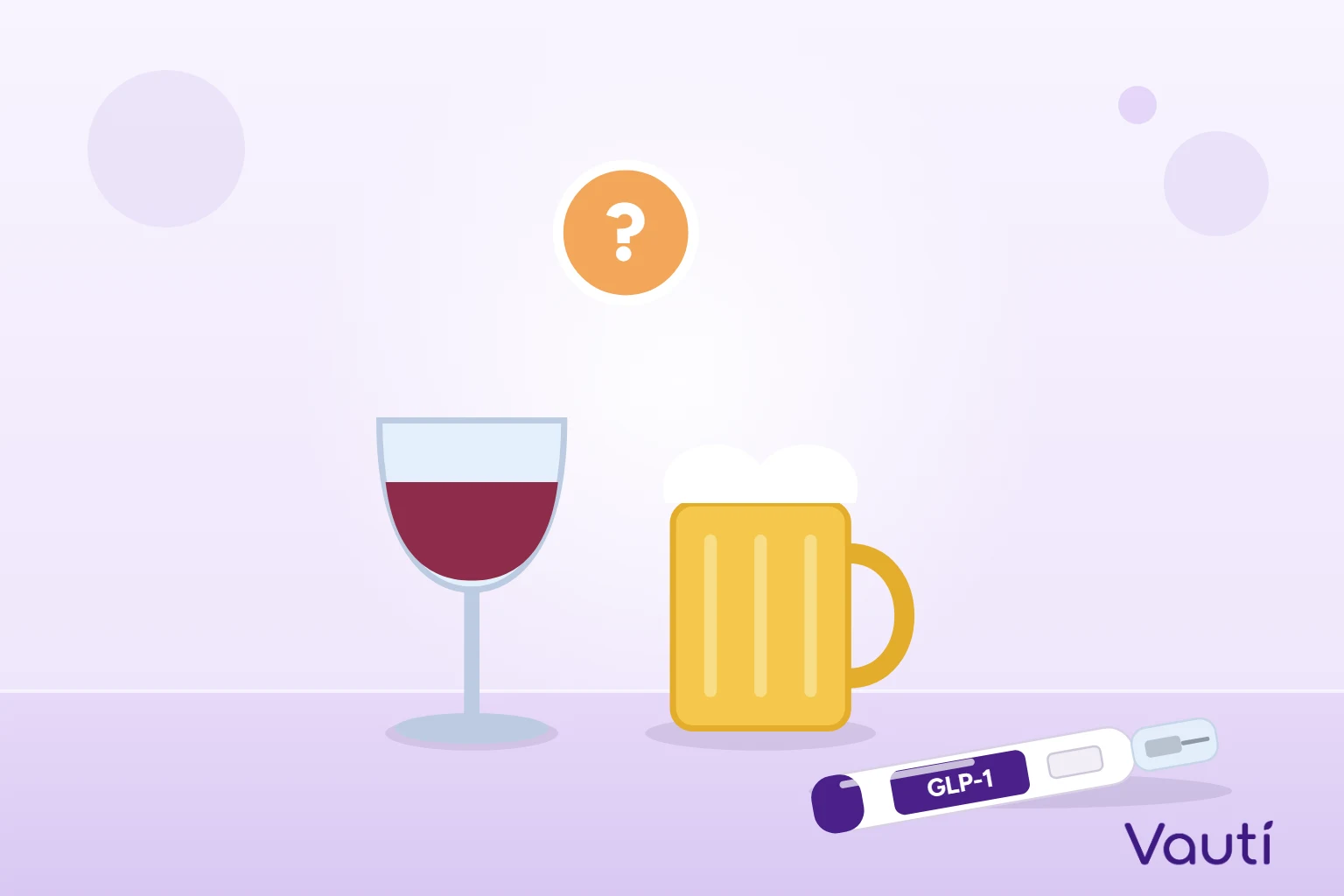 Ilustração de uma taça de vinho e um copo de cerveja com um ponto de interrogação, ao lado de uma caneta GLP-1