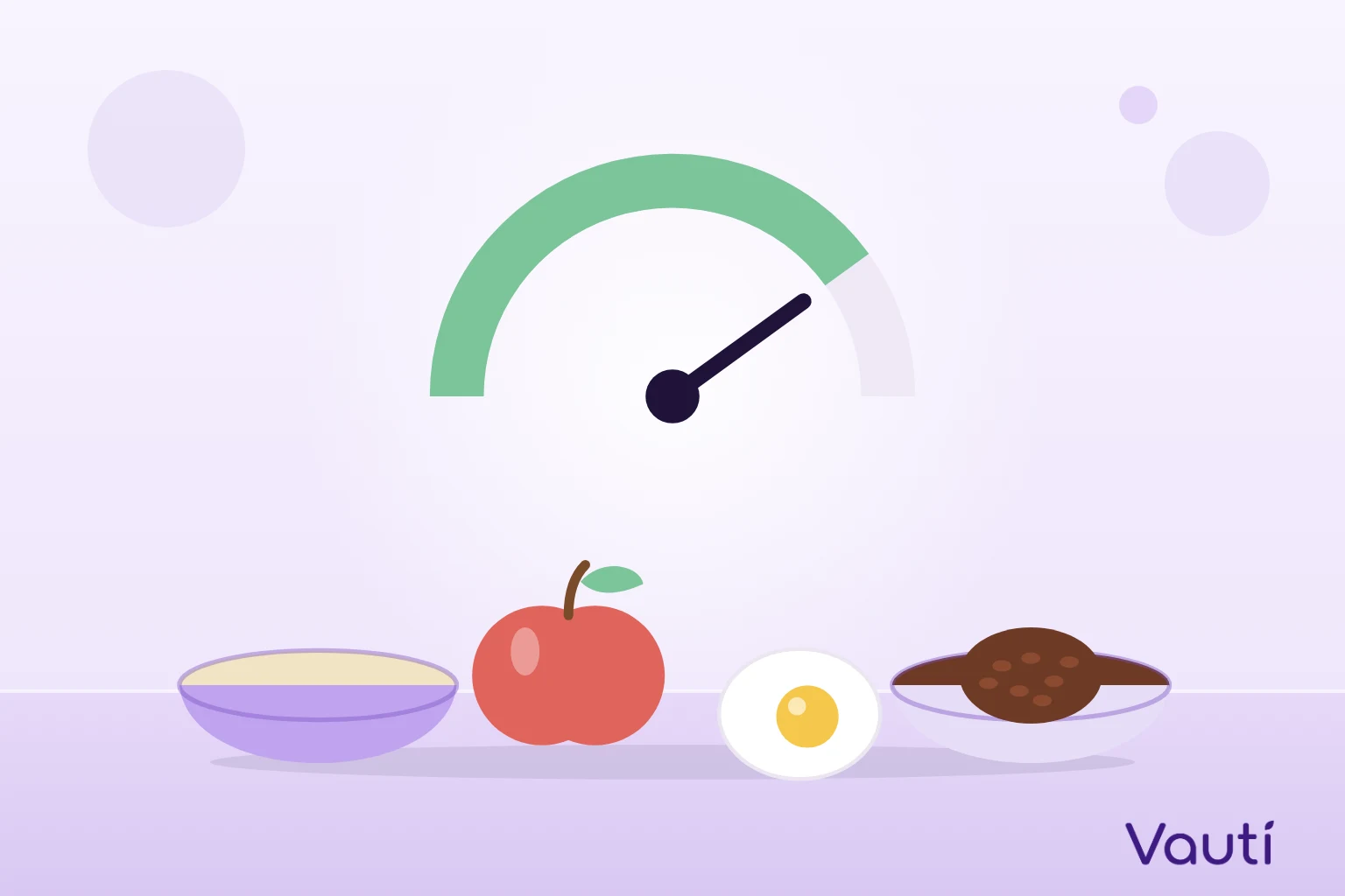 Ilustração de alimentos que dão saciedade, como aveia, maçã, ovo e feijão, com um medidor de saciedade