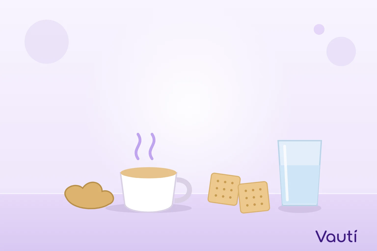 Ilustração de uma xícara de chá, biscoitos de água e sal, gengibre e um copo de água