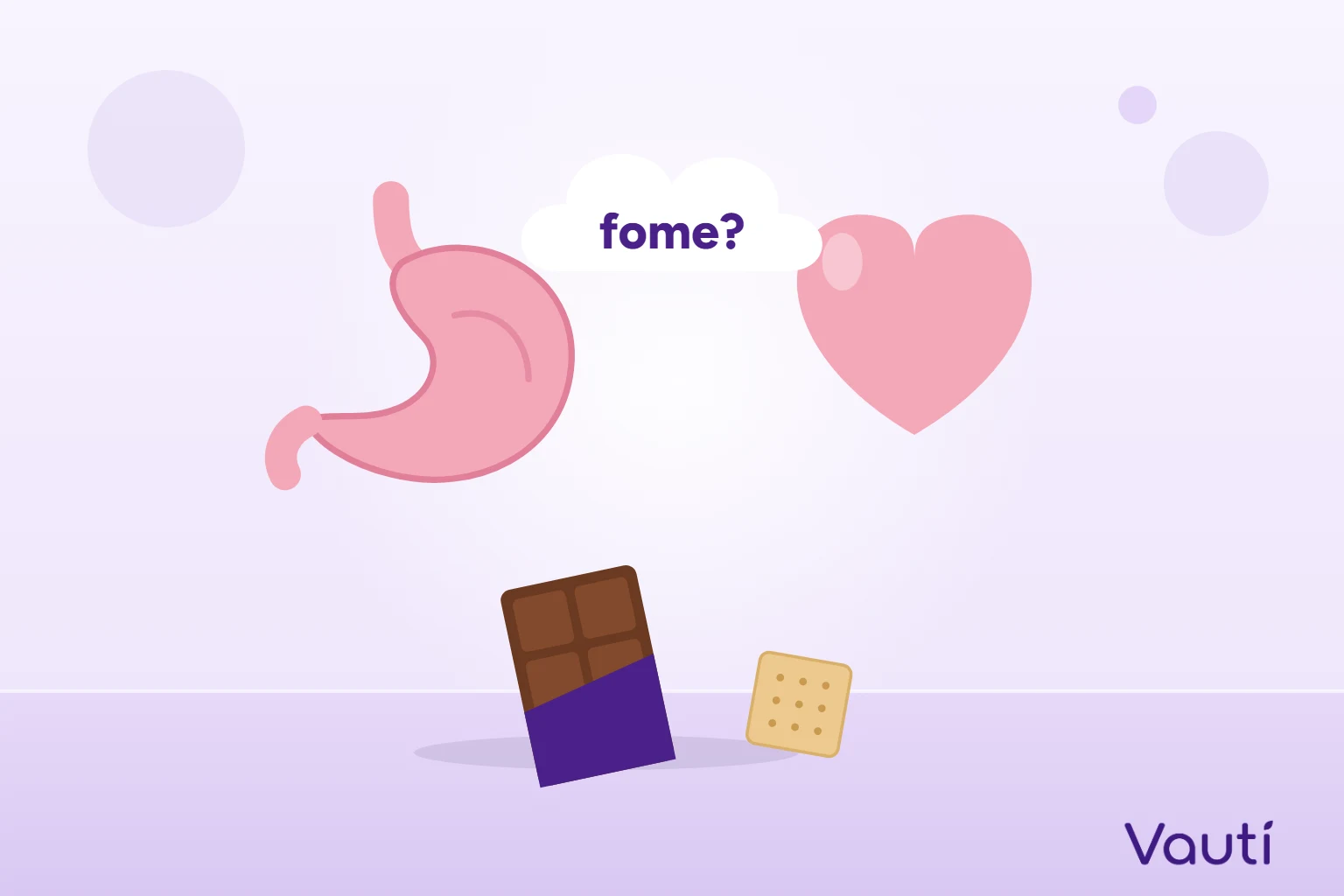 Ilustração de um coração e de um estômago lado a lado, com uma barra de chocolate e um biscoito