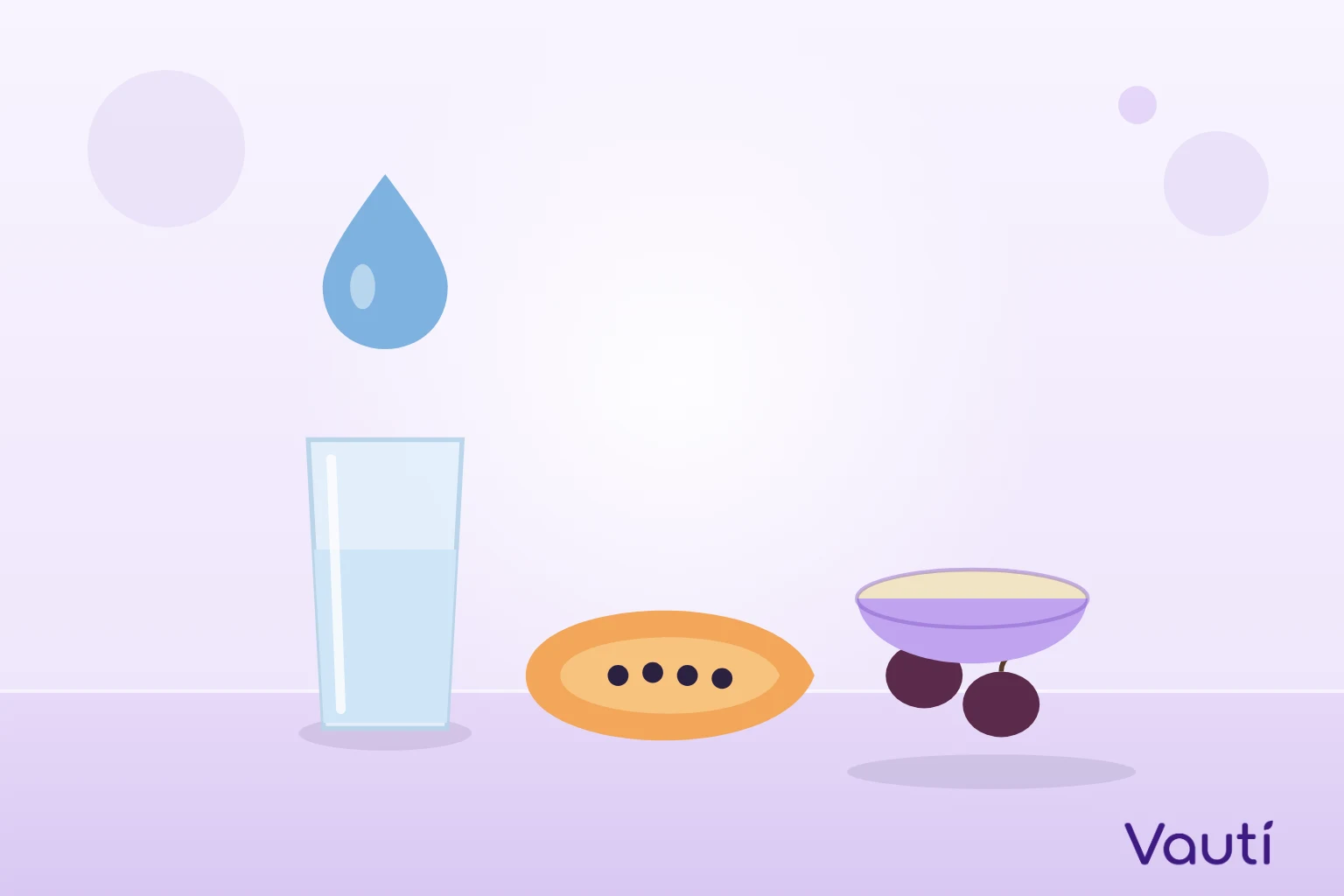 Ilustração de um copo de água, uma gota, mamão, ameixas e uma tigela de aveia