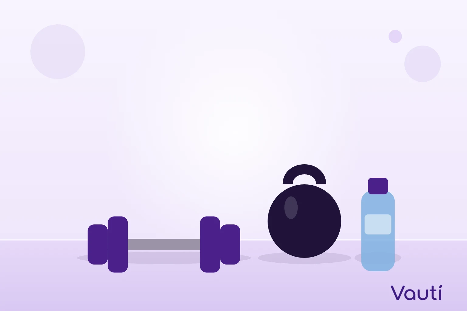 Ilustração de um halter, um kettlebell e uma garrafa de água sobre o chão de treino