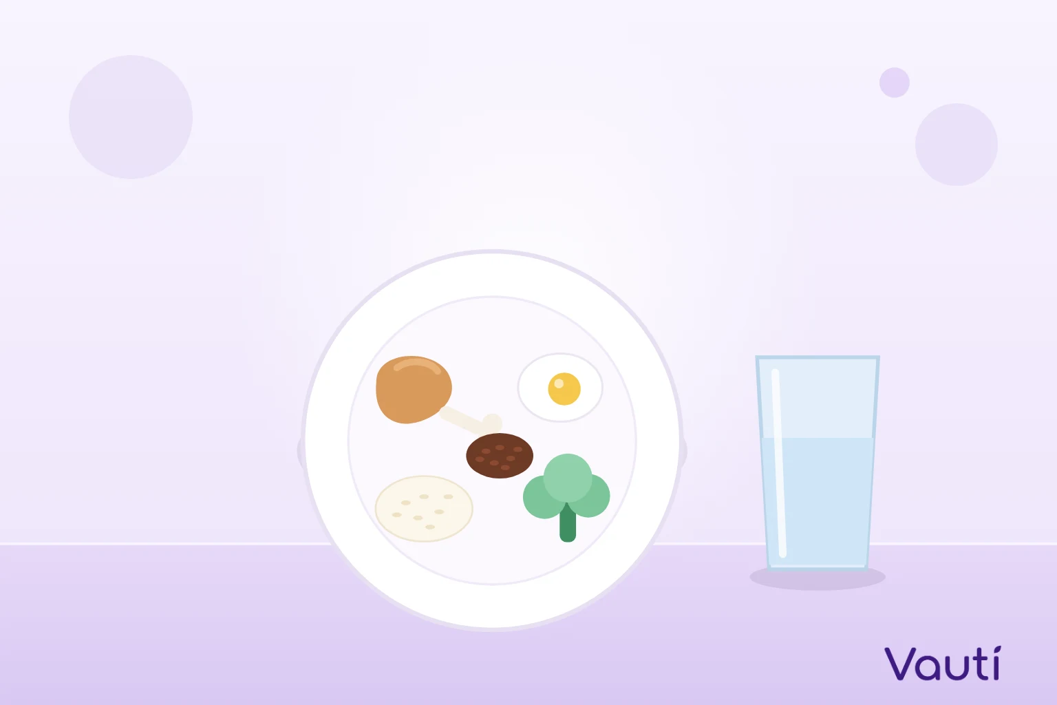 Ilustração de um prato com frango, ovo, brócolis, arroz e feijão ao lado de um copo de água