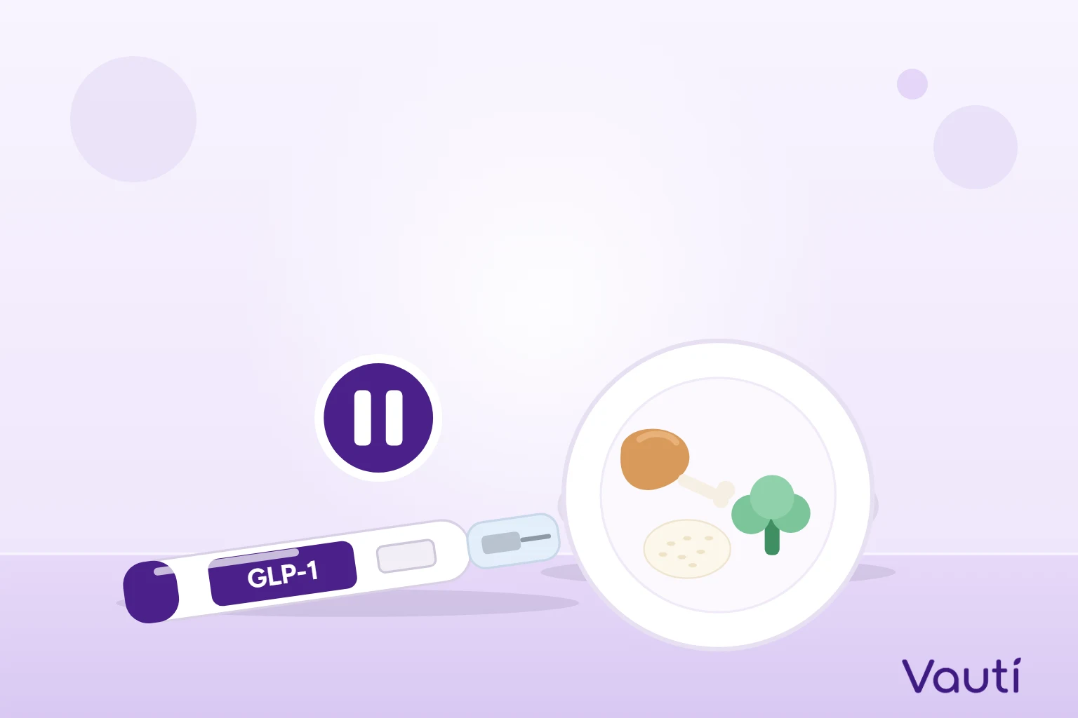 Ilustração de uma caneta GLP-1 com um selo de pausa ao lado de um prato com alimentos