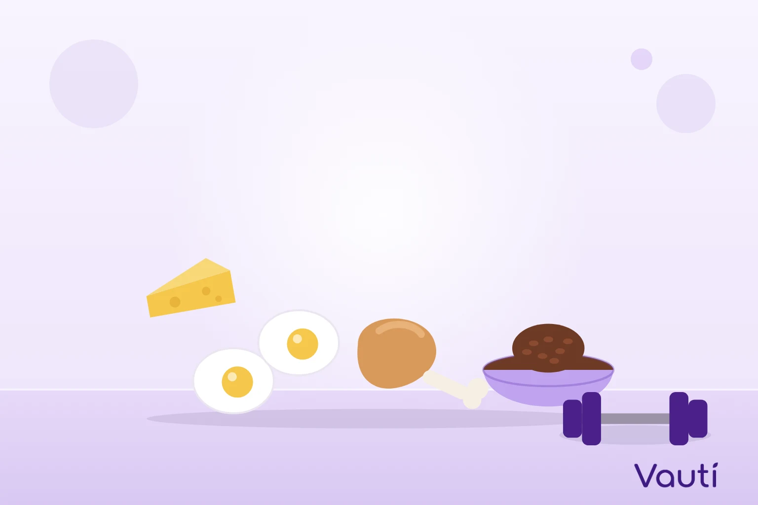 Ilustração de alimentos ricos em proteína: ovos, frango, feijão e queijo, ao lado de um halter
