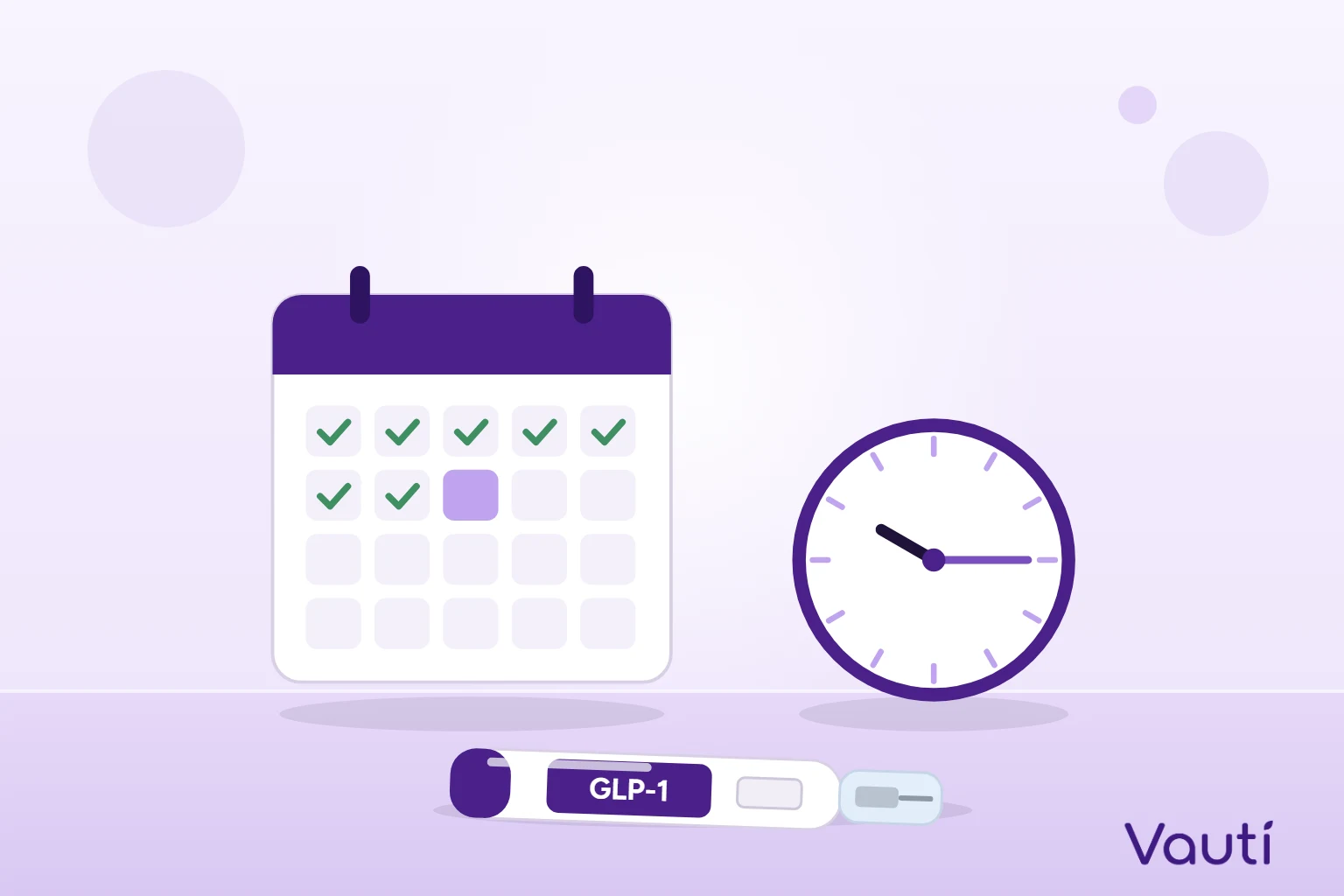 Ilustração de um calendário com vários dias marcados, um relógio e uma caneta GLP-1 sobre a mesa