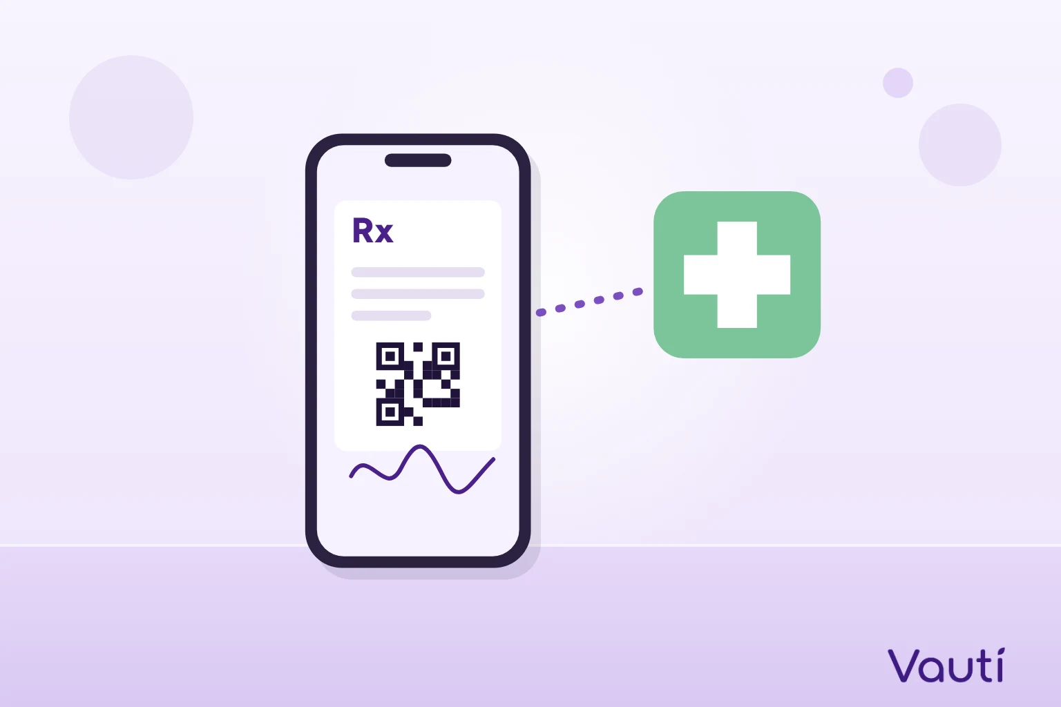 Ilustração de um celular exibindo uma receita digital com QR Code ao lado do símbolo de uma farmácia