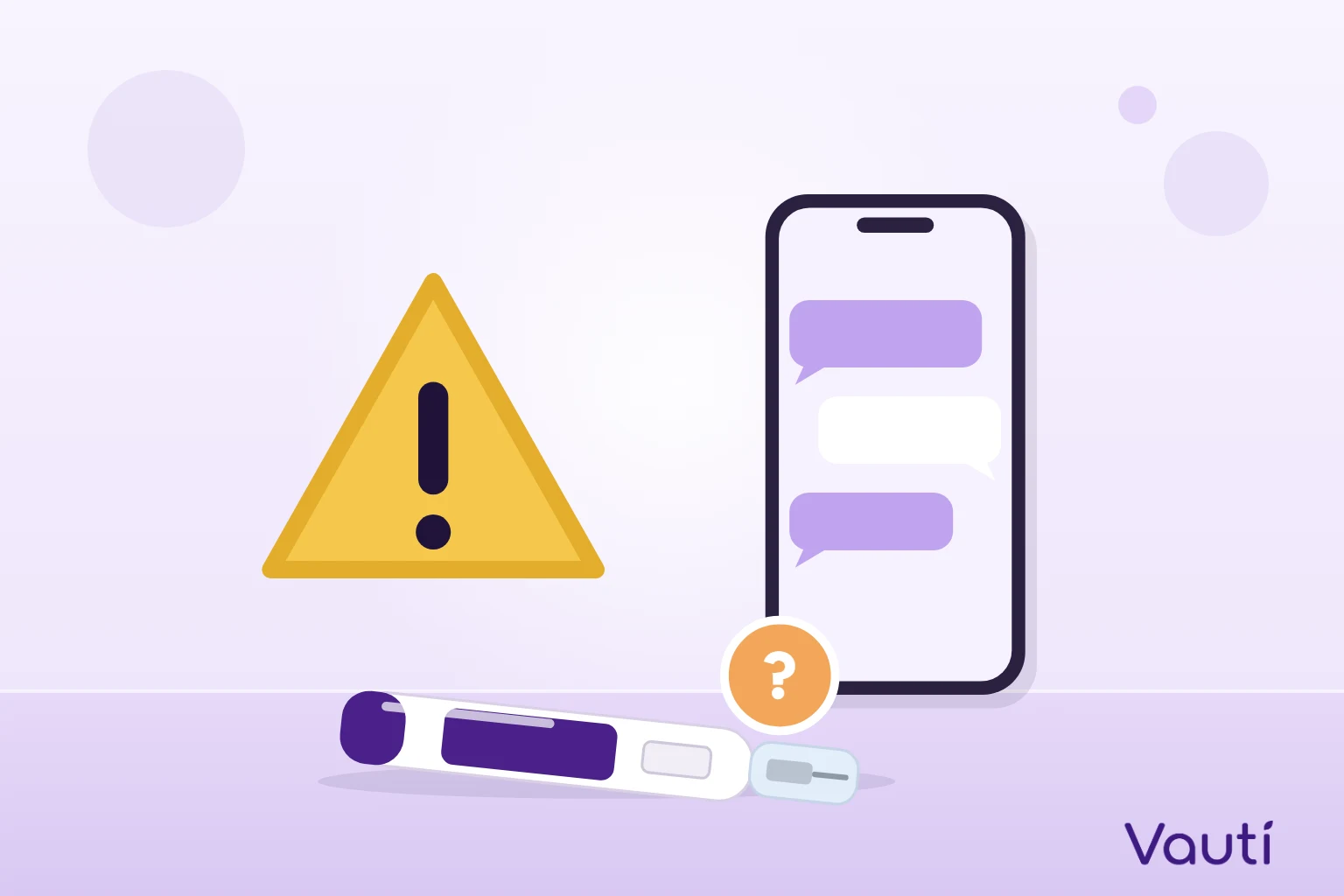 Ilustração de um sinal de alerta, um celular com mensagens de venda e uma caneta com ponto de interrogação