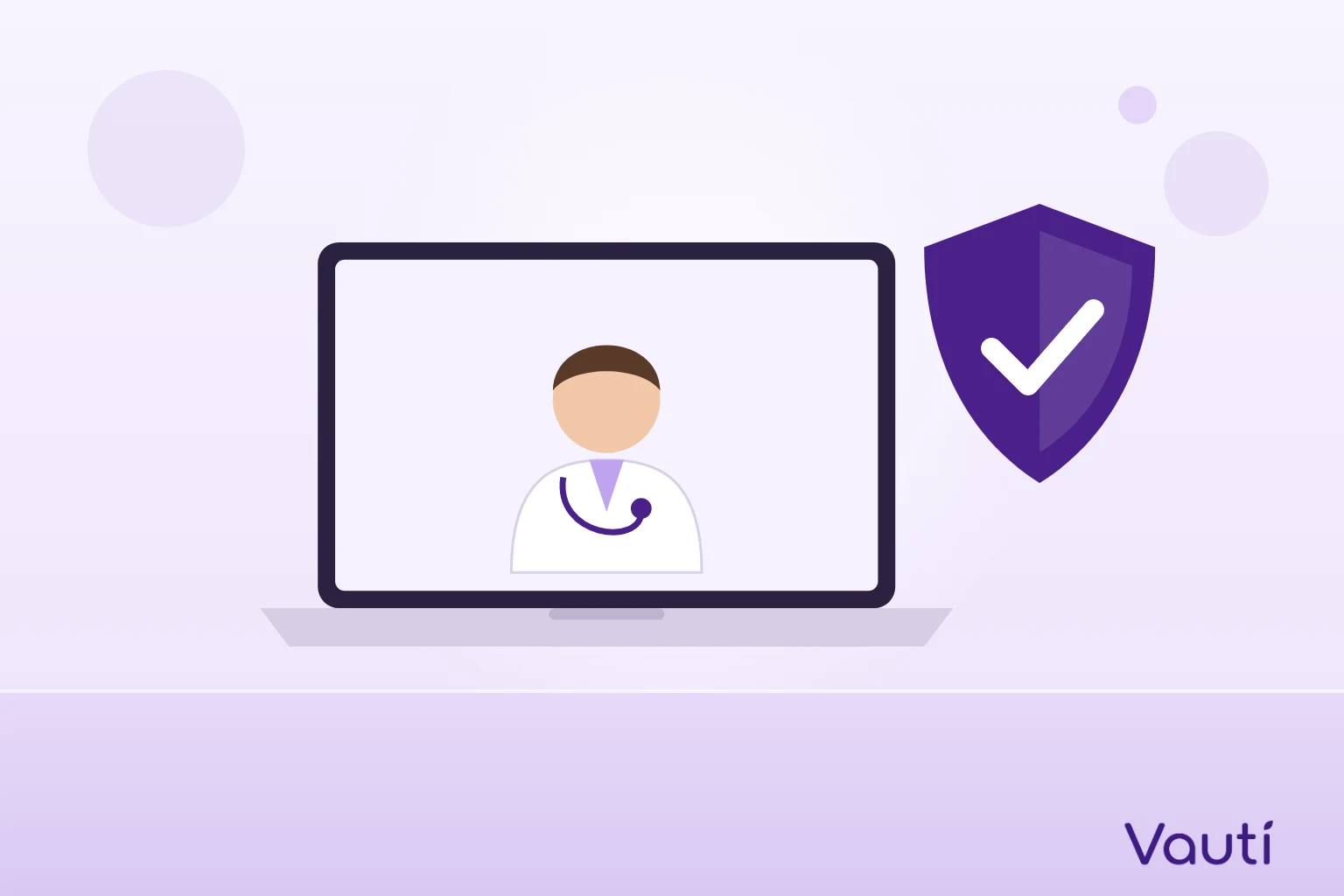 Ilustração de um notebook com um médico em videochamada e um escudo de segurança ao lado