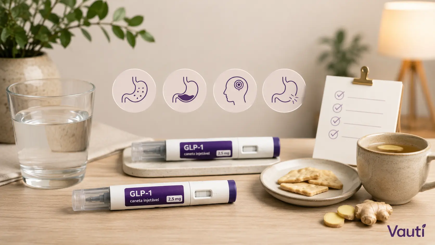 Duas canetas GLP-1 sobre uma mesa, com ícones de estômago e cabeça, um copo de água, chá, gengibre e biscoitos água e sal ao lado