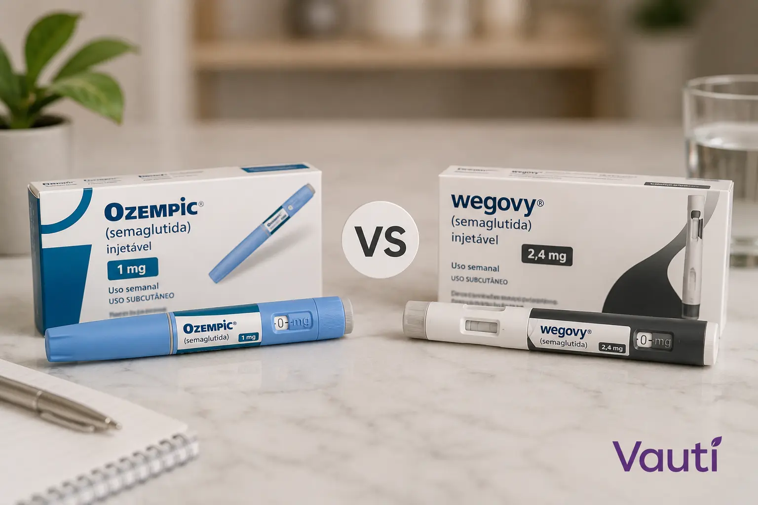 Caixas e canetas de Ozempic 1 mg e Wegovy 2,4 mg lado a lado sobre uma bancada, separadas por um selo VS
