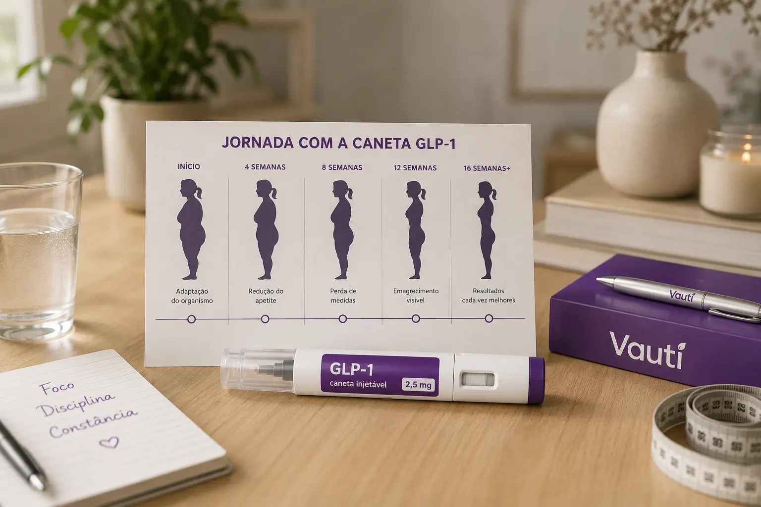 Cartão sobre uma mesa com a linha do tempo "Jornada com a caneta GLP-1", marcando início, 4, 8, 12 e 16 semanas, ao lado de uma caneta injetável e uma fita métrica